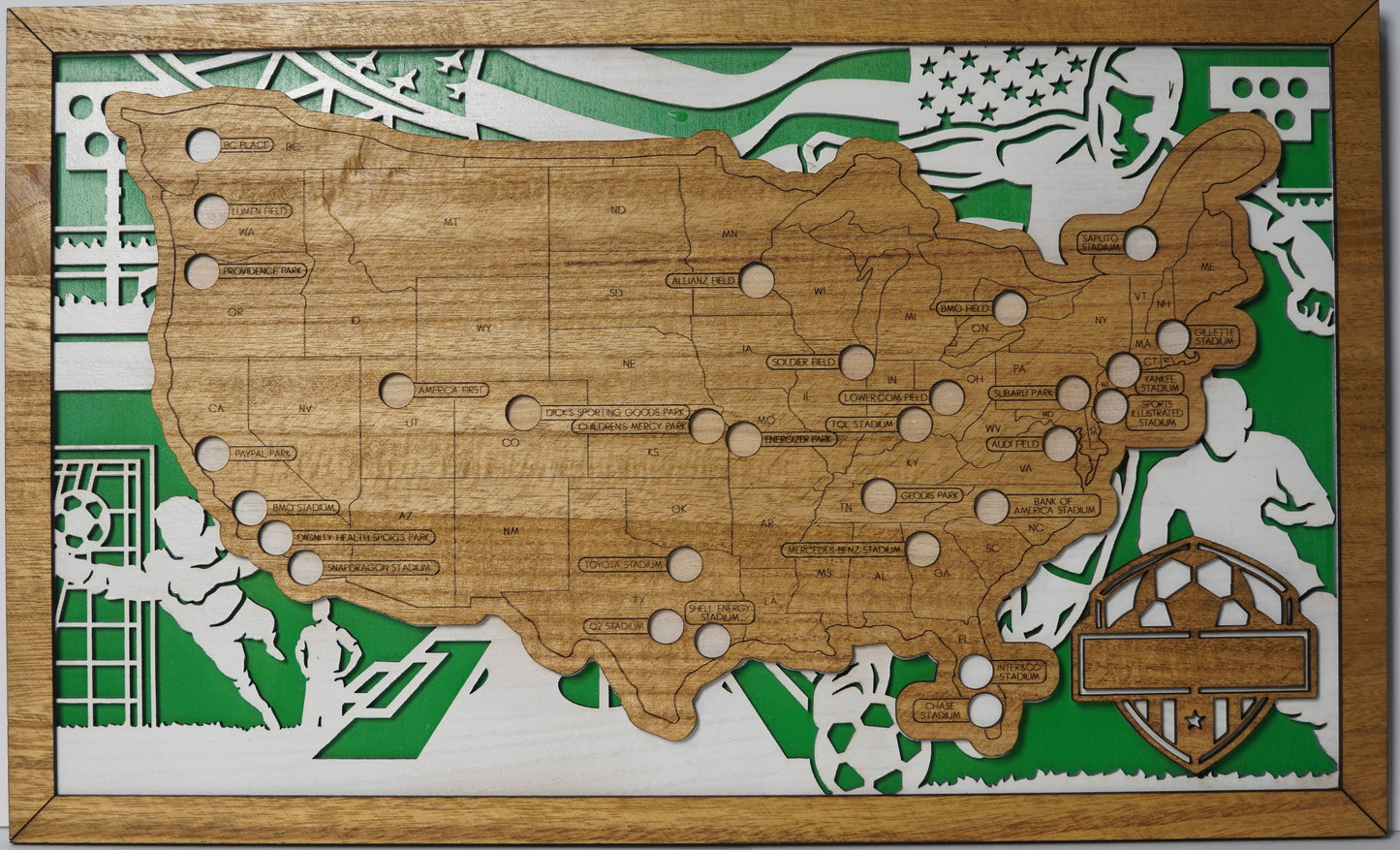 Wooden map of the United States with various symbols on a green background