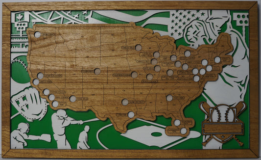 Wooden map of the United States with various symbols on a green background