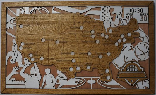 Wooden map of the United States with cut-out shapes and time display