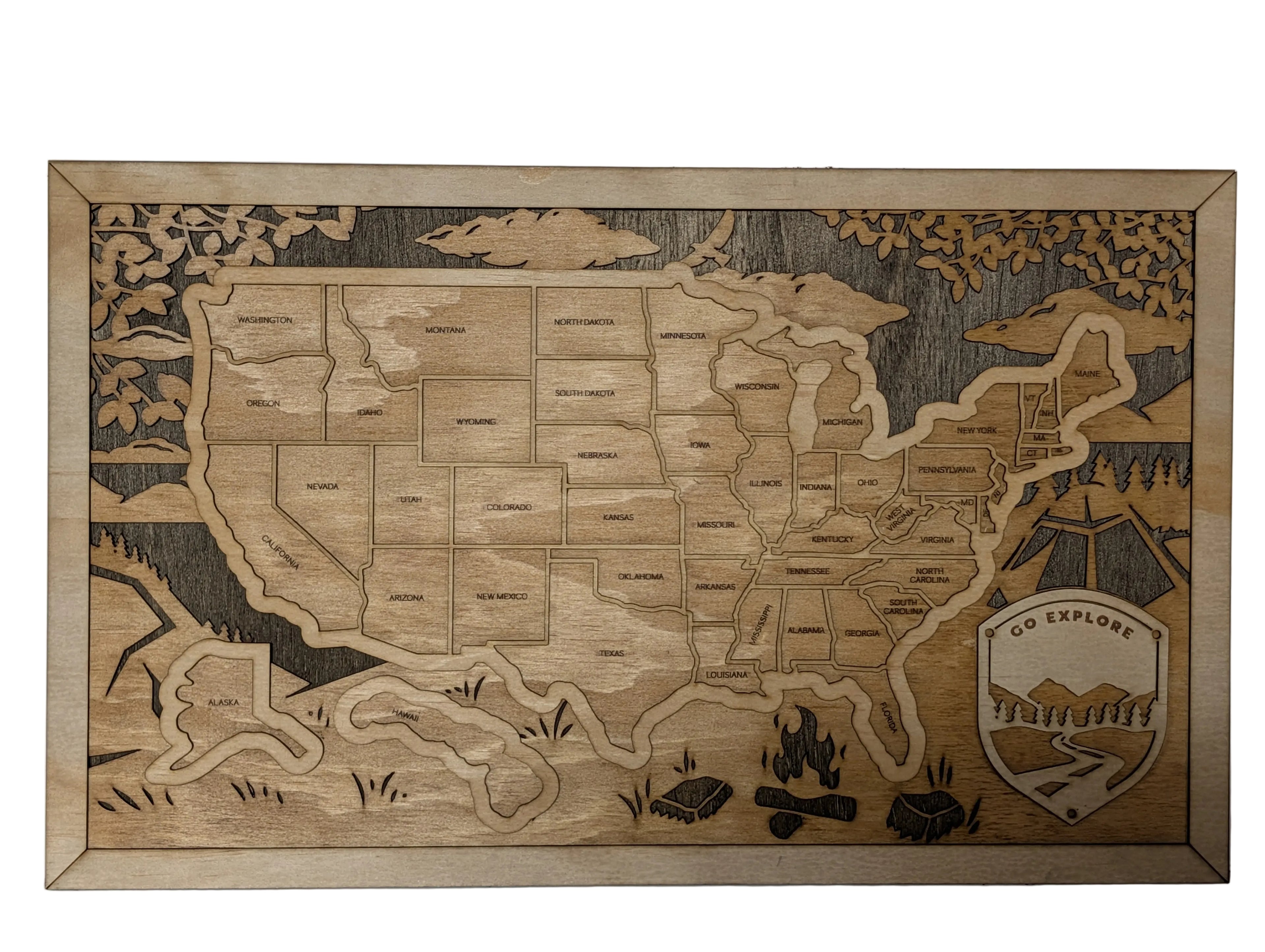 Wooden USA Travel Map — Camping