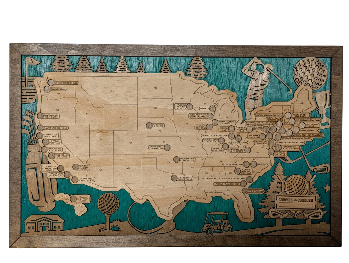 Golf course travel map handcrafted from wood