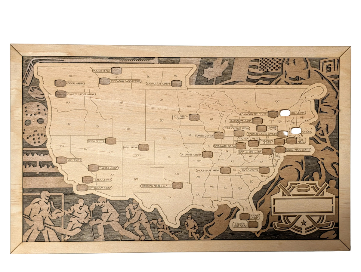 Hockey arena travel map handcrafted from wood