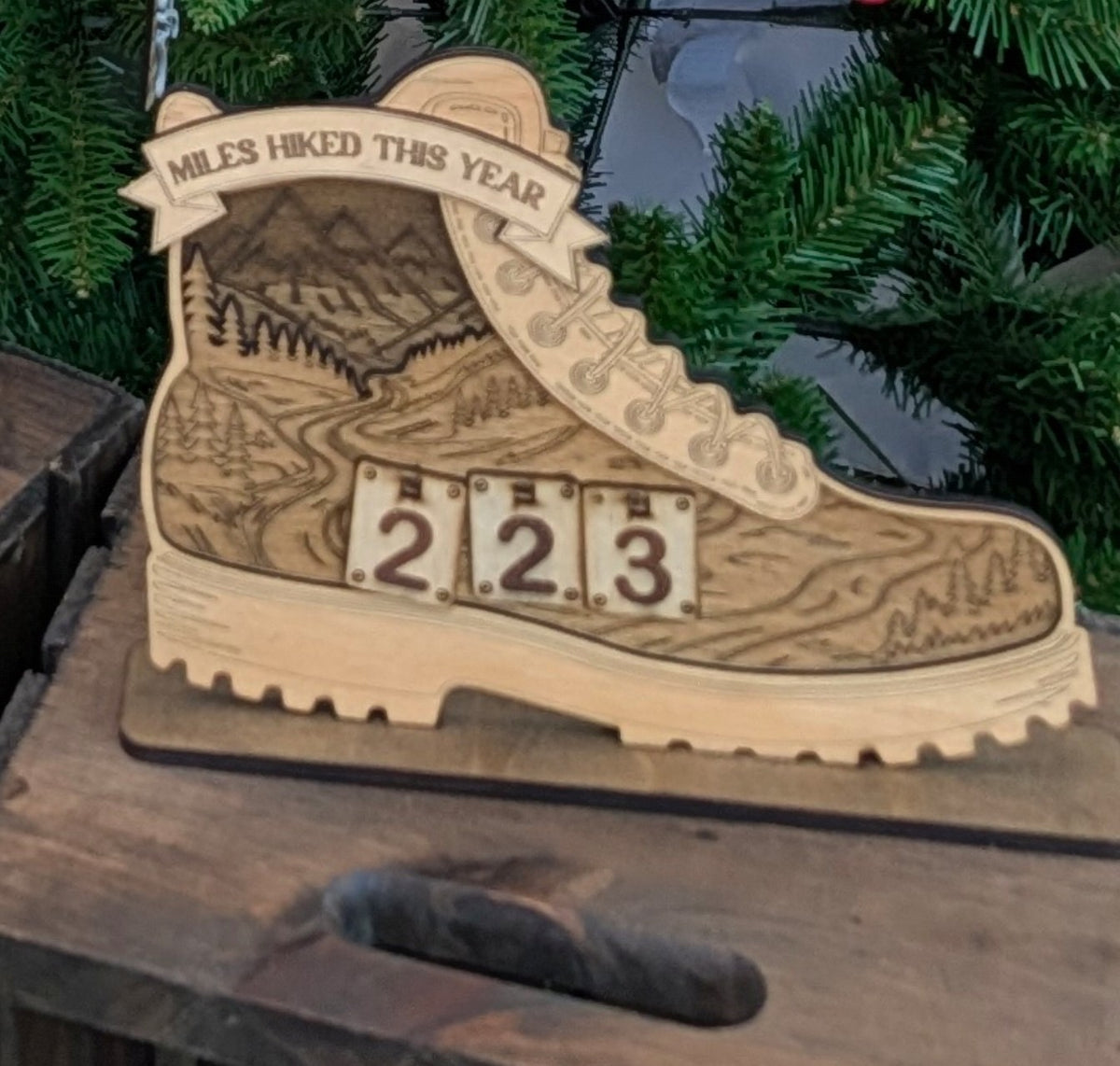Miles Hiked This Year | Wooden Hiking Boot Mileage Tracker