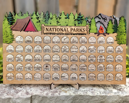 National parks wooden display with illustrations and names of national parks.