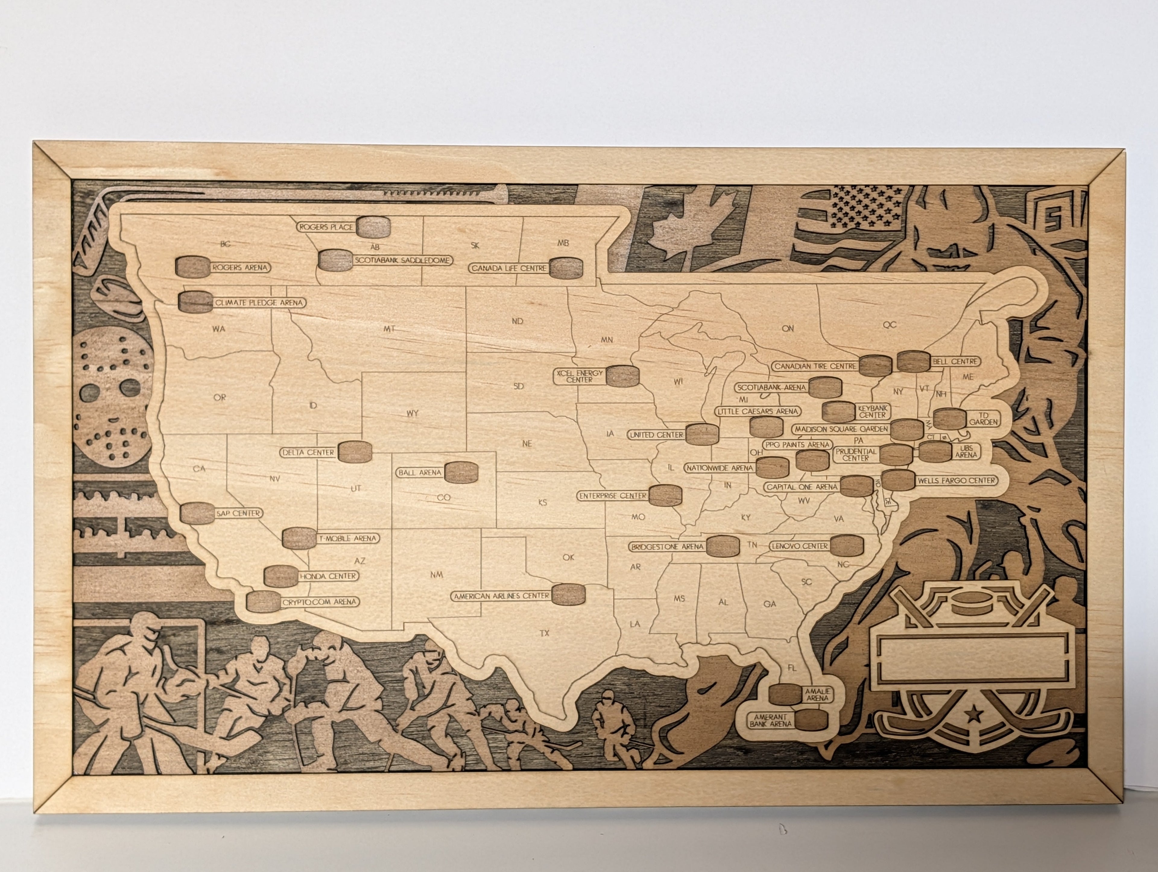 Hockey arena travel map handcrafted from wood