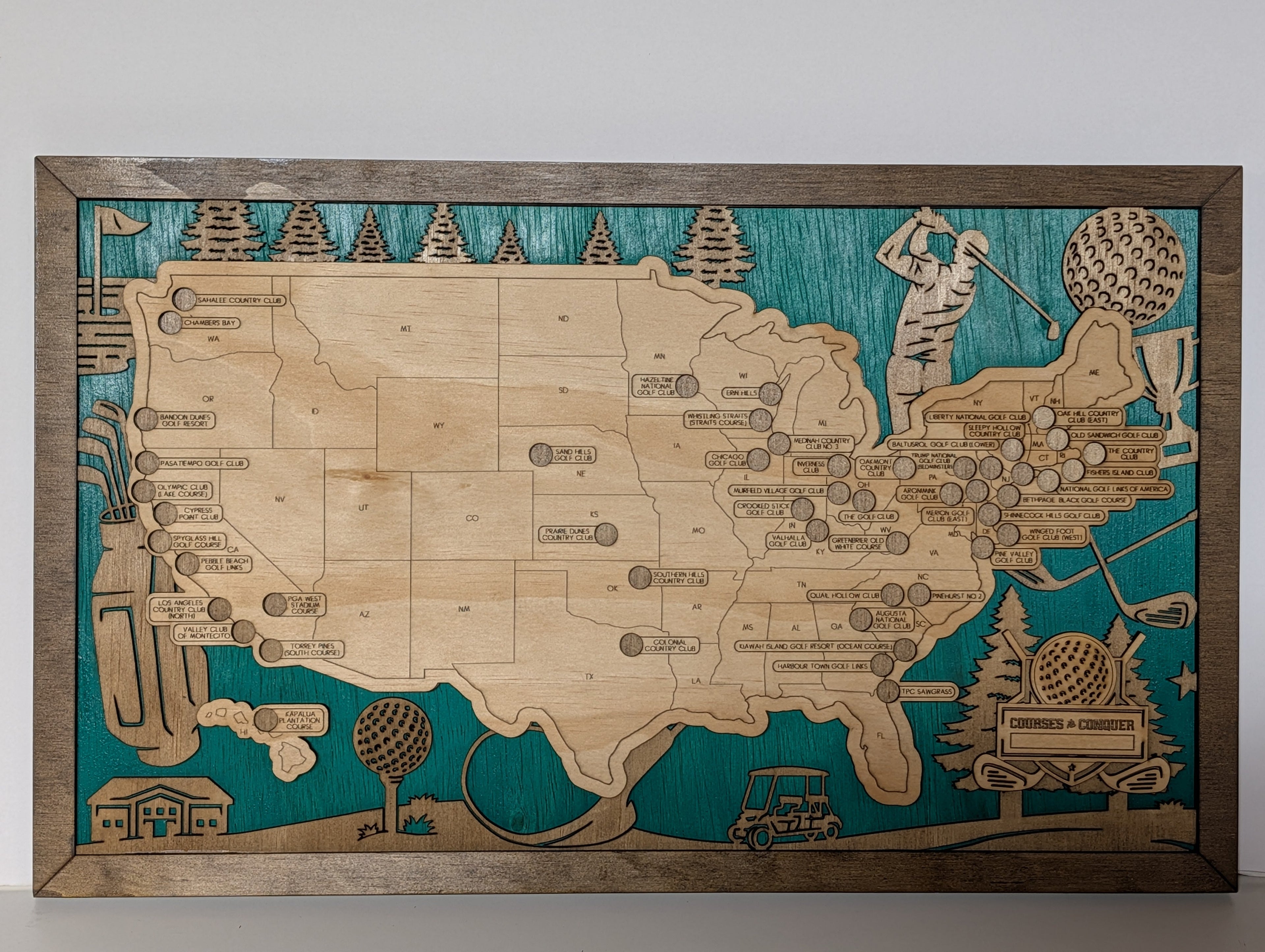 Golf course travel map handcrafted from wood