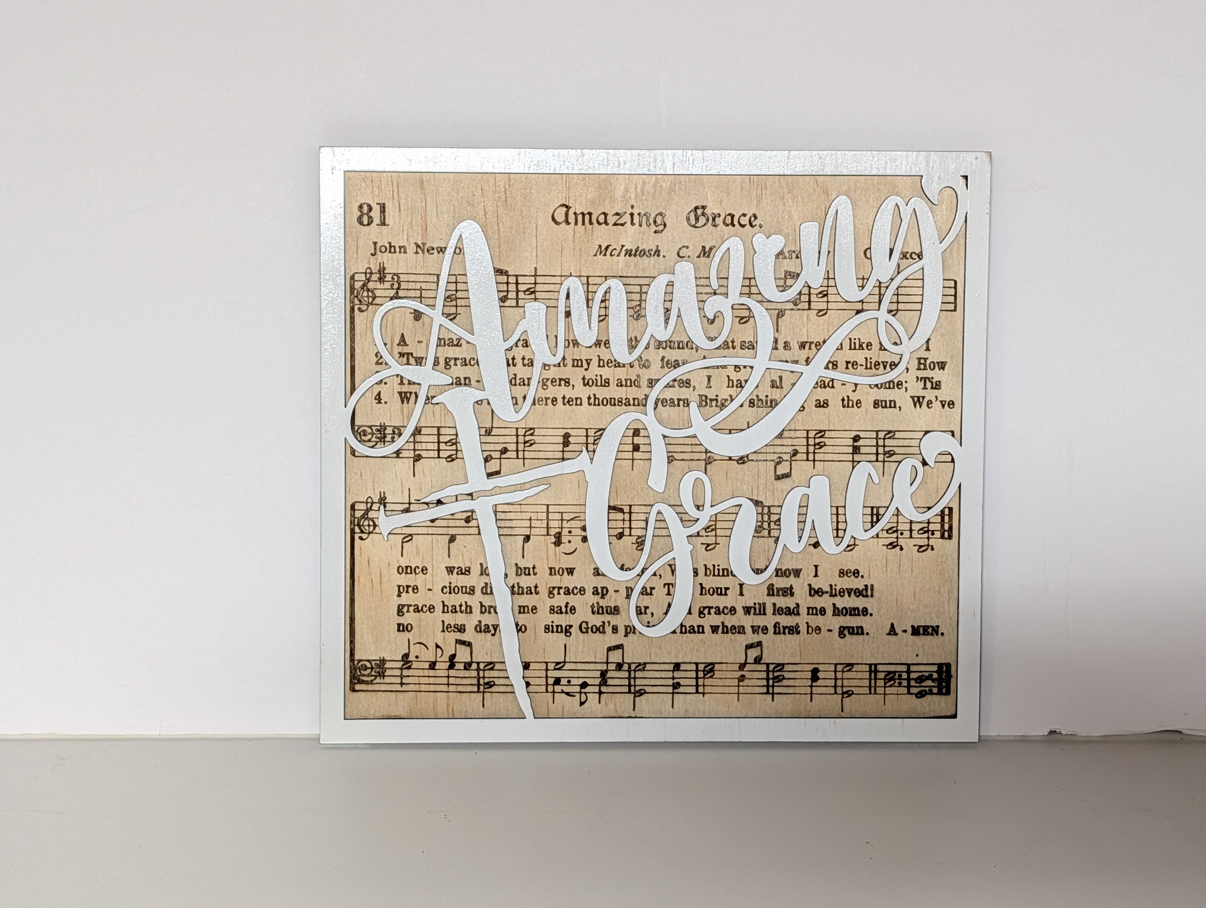 Amazing Grace Wooden Wall Hanging — Engraved Hymn with Laser-Cut Script