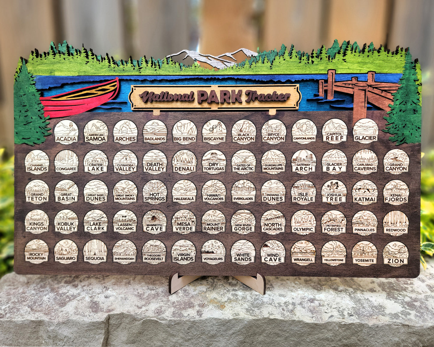 Handcrafted National Park Tracker Map with 63 Tokens | Wooden Adventure Map for Hikers, Campers & Travelers