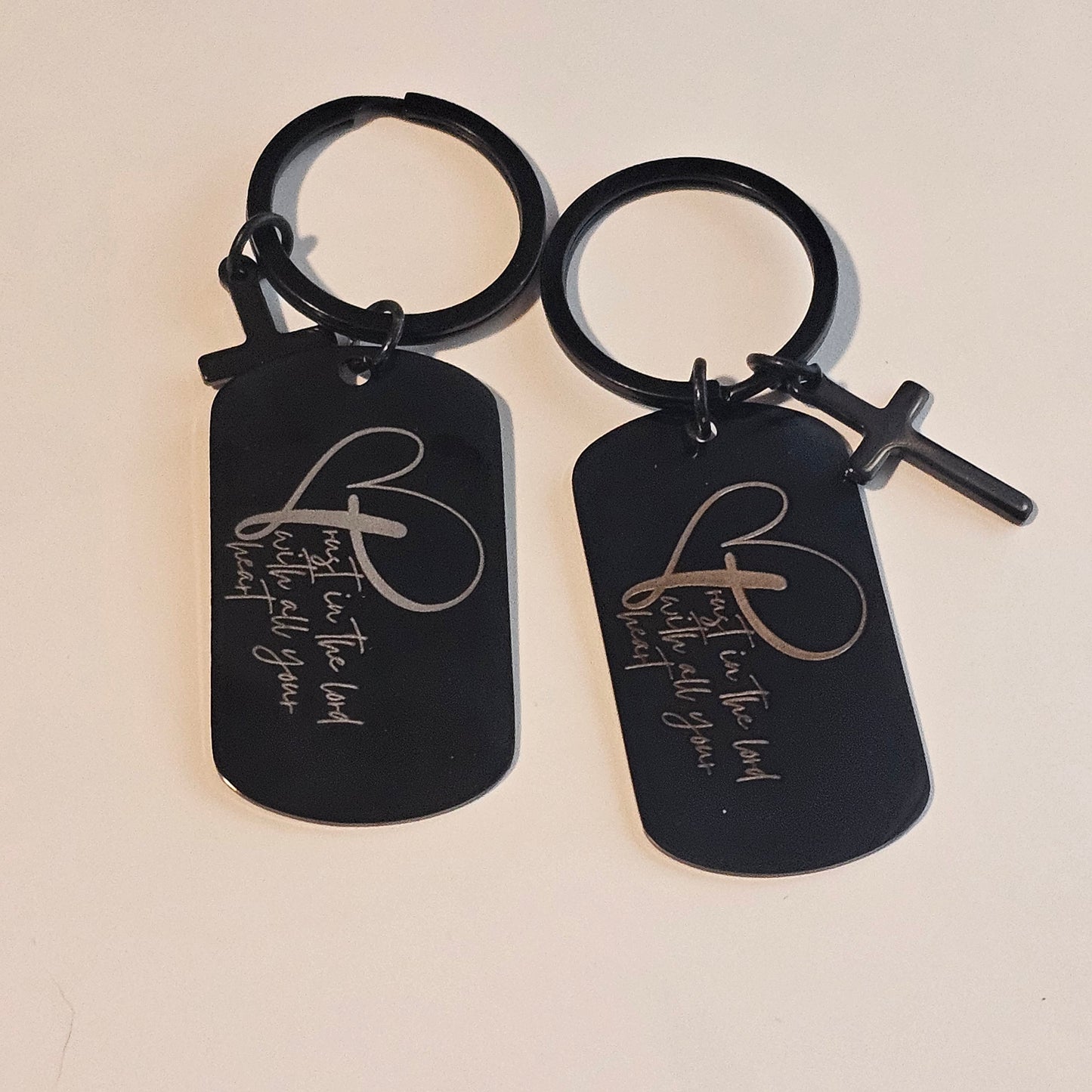 ✨ SCRIPTURE KEYCHAINS – Metal Engraved with Mini Cross