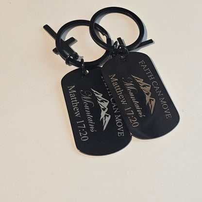 ✨ SCRIPTURE KEYCHAINS – Metal Engraved with Mini Cross